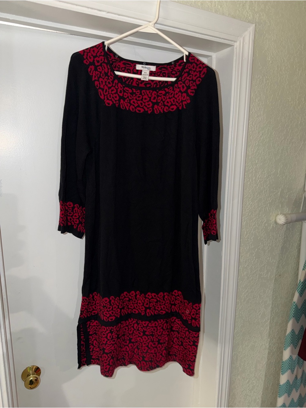 Style & Co. Black Midi sweater  Dress with Red Leopard Trim L